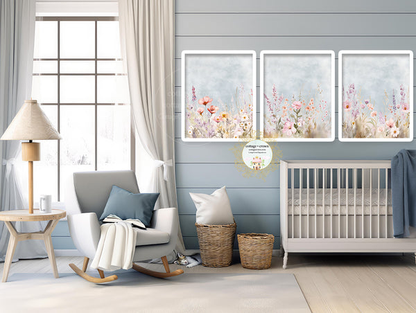 3 Wildflowers Boho Watercolor Printable Wall Art Print Set