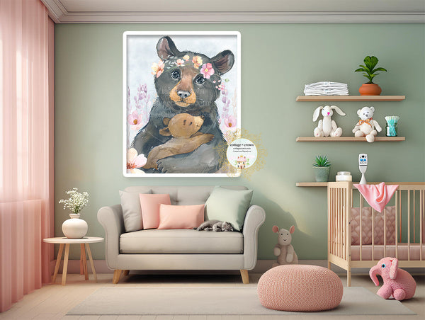 Black Bear Mama + Baby Wildflowers Boho Watercolor Printable Wall Art Print