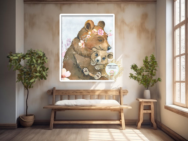 Brown Bear Mama + Baby Wildflowers Boho Watercolor Printable Wall Art Print