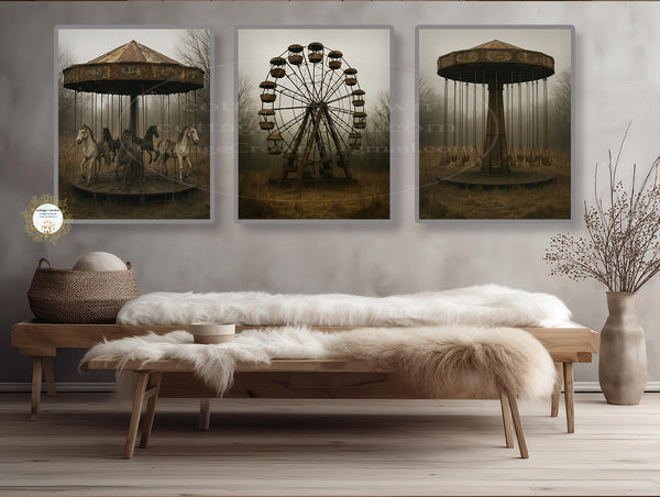 3 Set Carnival Moody Vibe Ferris Wheel Carousel Swings Printable Wall Art Print Set