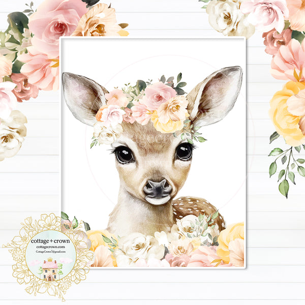 Deer Wildflowers Boho Woodland Printable Wall Art Print