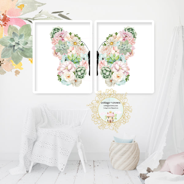 2 Succulent Butterfly Halves Wall Art Print Set