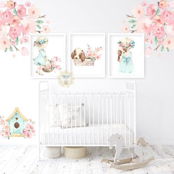 3 Boho Blush Blonde Girl Puppy Pink Floral Peony Wall Art Prints