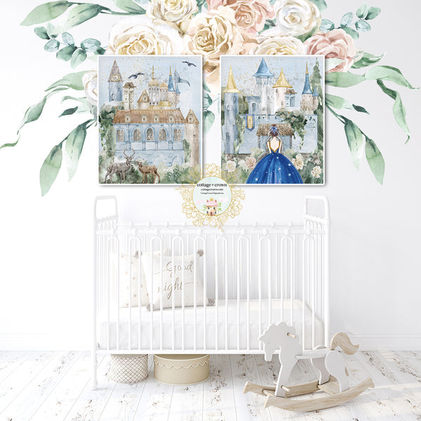 2 Gold Blue Magical Fairytale Princess Castle Woodland Deer Castle Wall Art Print Set