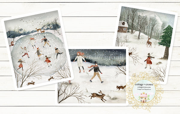 SALE 3 Folk Winter Wonderland Ice Skating Rink Watercolor Wall Art Prints