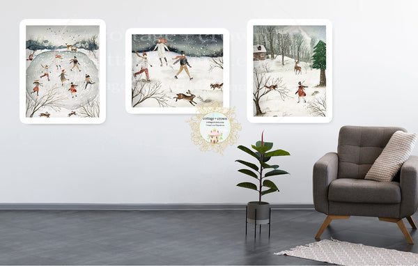SALE 3 Folk Winter Wonderland Ice Skating Rink Watercolor Wall Art Prints
