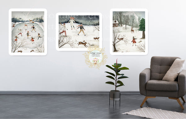 SALE 3 Folk Winter Wonderland Ice Skating Rink Watercolor Wall Art Prints