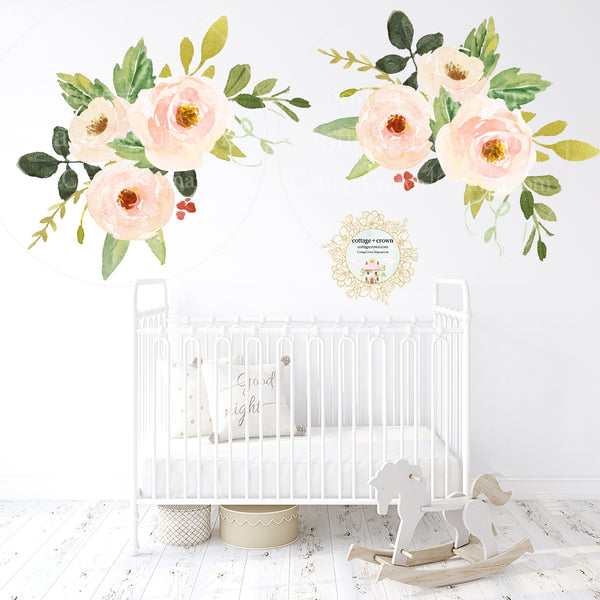 2 Peony Blush Flower Bouquet Wall Decals Baby Girl Floral Pink Nursery Home Office Décor