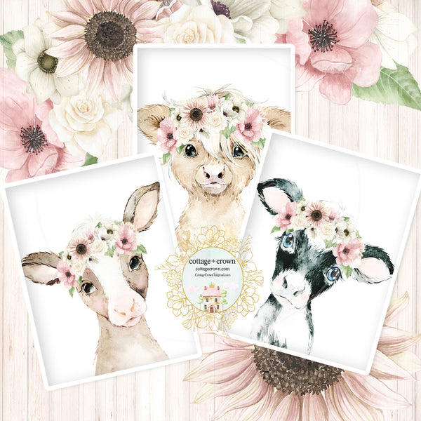 6 Boho Blush Cow Farm Animal Wall Art Prints - Sunflower Anemone Peony Rose