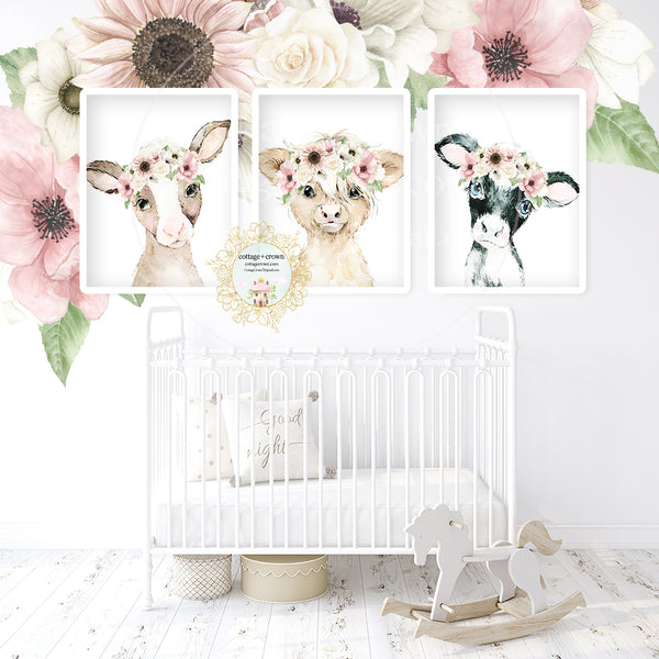 6 Boho Blush Cow Farm Animal Wall Art Prints - Sunflower Anemone Peony Rose