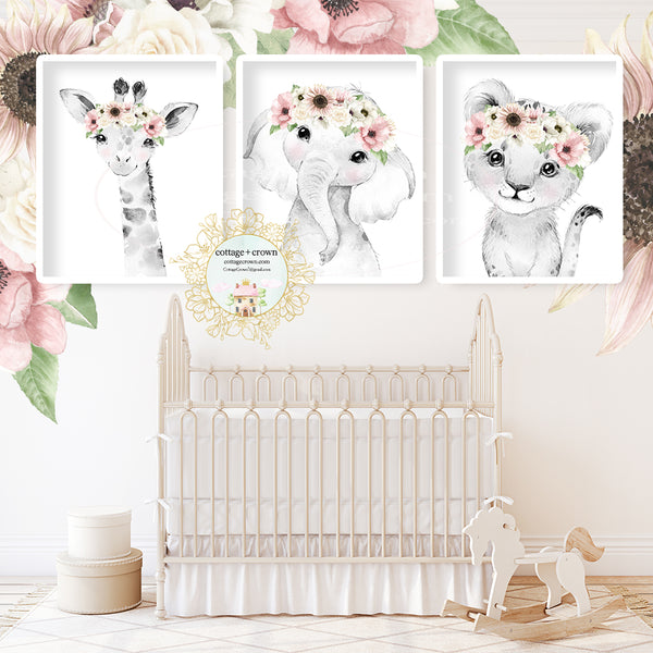 3 Boho Blush Elephant Lion Giraffe Pink Floral Zoo Animal Wall Art Prints - Sunflower Anemone Rose Peony