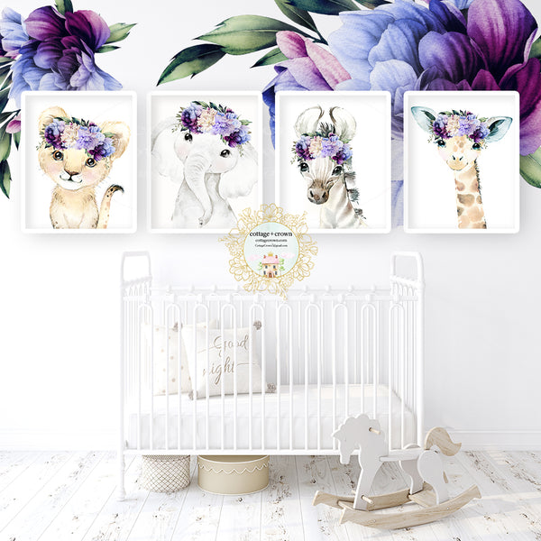 4 Boho Purple Peony Elephant Lion Giraffe Zebra Floral Zoo Animal Wall Art Prints - Ombre Peony