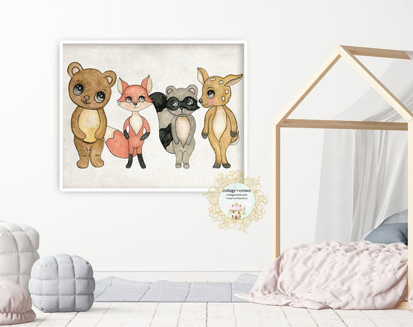 4 Watercolor Boho Woodland Bear Deer Fox Raccoon Gender Neutral Nursery Wall Art Print