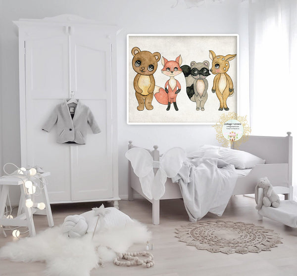 4 Watercolor Boho Woodland Bear Deer Fox Raccoon Gender Neutral Nursery Wall Art Print