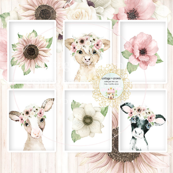 6 Boho Blush Cow Farm Animal Wall Art Prints - Sunflower Anemone Peony Rose