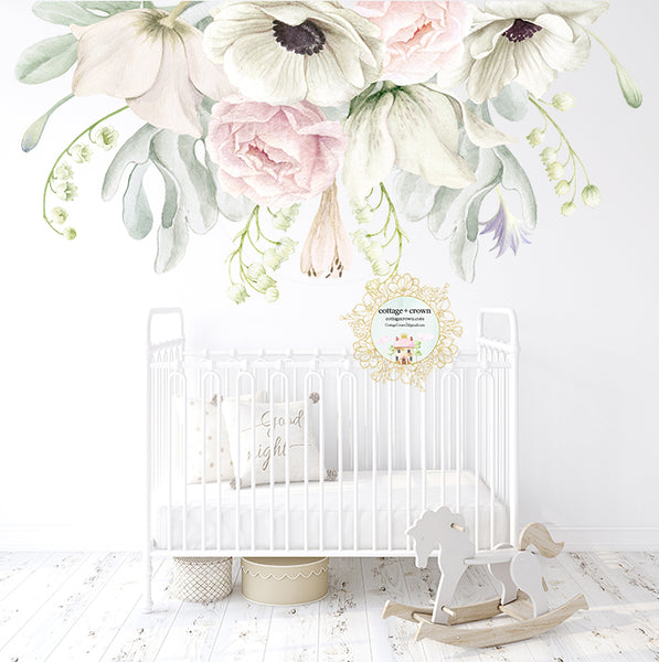 SALE - 72" Anemone Blush Flower Bouquet Wall Decal Baby Girl Floral Peony Pink White Nursery Décor