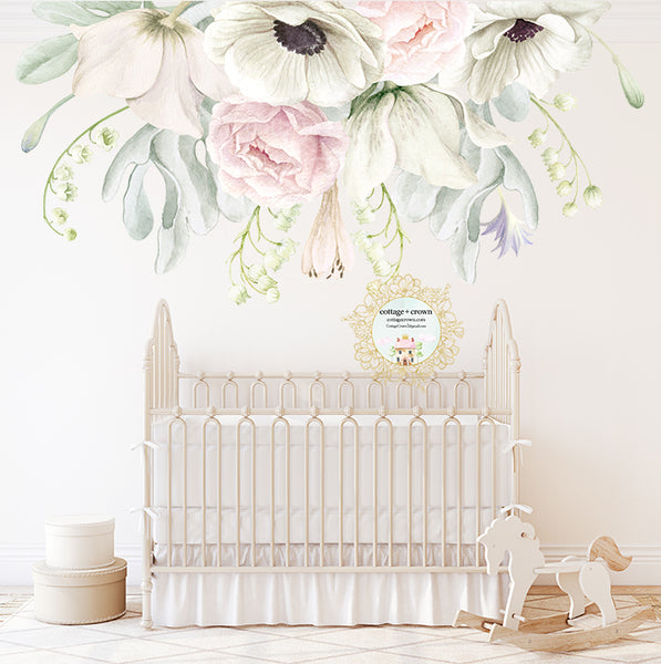 SALE - 72" Anemone Blush Flower Bouquet Wall Decal Baby Girl Floral Peony Pink White Nursery Décor