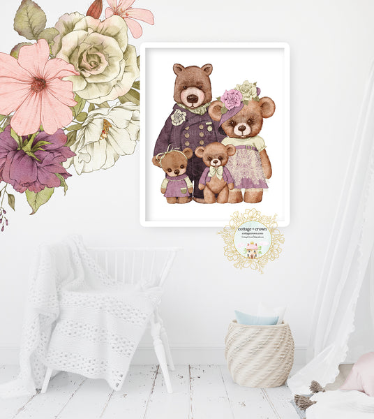 Boho Woodland Bear Family Purple Wall Art Print
