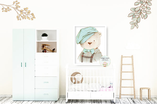 Woodland Bear Boy Nursery Boho Whimsical Zoo Animal Wall Art Print