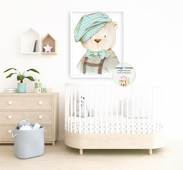 Woodland Bear Boy Nursery Boho Whimsical Zoo Animal Wall Art Print