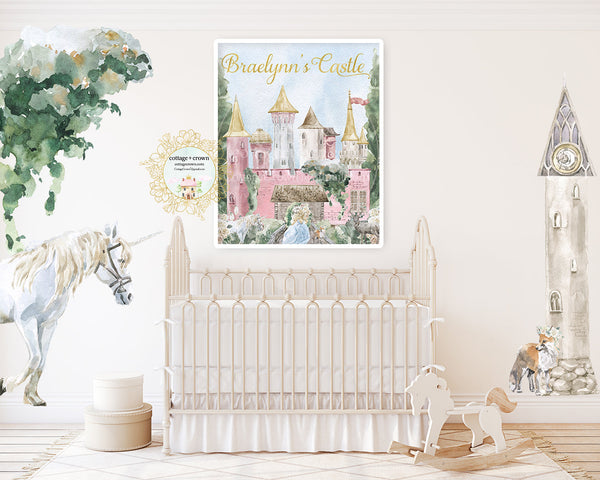 Boho Personalized Name Pink Castle Princess Girl Whimsical Wall Art Print - Unicorn Fox Enchanted Ethereal Garden