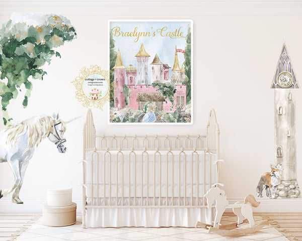 Boho Personalized Name Pink Castle Princess Girl Whimsical Wall Art Print - Unicorn Fox Enchanted Ethereal Garden
