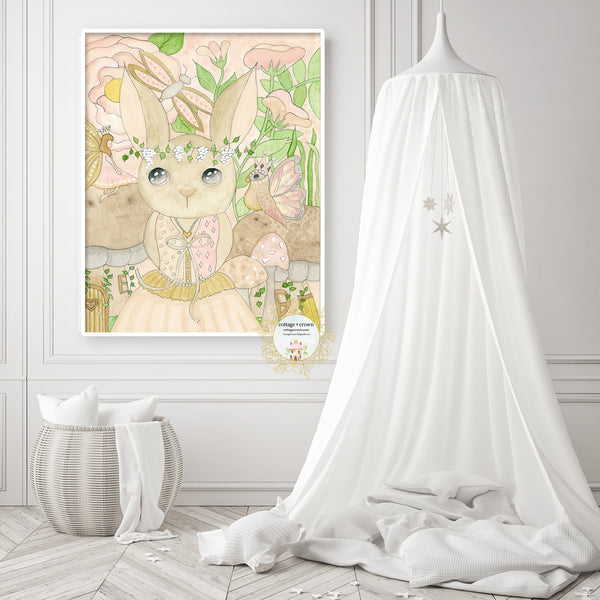 Enchanted Garden Bunny Rabbit Floral Woodland Animal Whimsical Wall Art Print