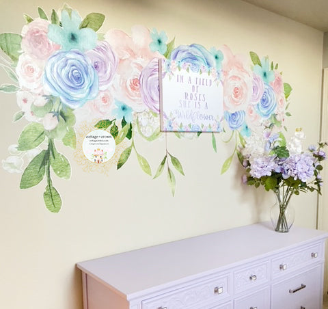 SALE 90" Purple Feather Flower Wall Decal Baby Girl Floral Peony Pink Turquoise Nursery Décor