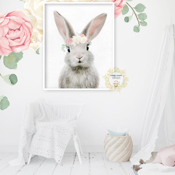 Boho Blush Pink Bunny Rabbit Peony Floral Woodland Animal Wall Art Print