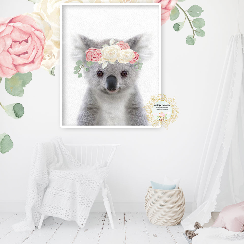 Boho Blush Pink Koala Bear Peony Floral Woodland Animal Wall Art Print –  cottage + crown