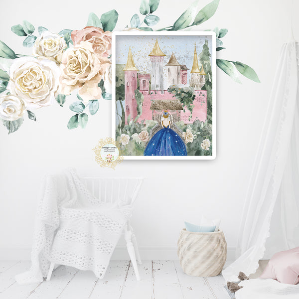 Pink Gold Fairytale Princess Castle Magic Kingdom Blue Dress Wall Art Print