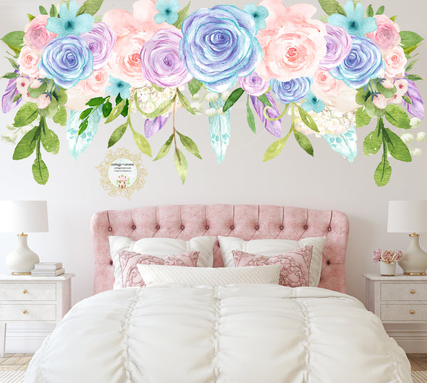 SALE 90" Purple Feather Flower Wall Decal Baby Girl Floral Peony Pink Turquoise Nursery Décor