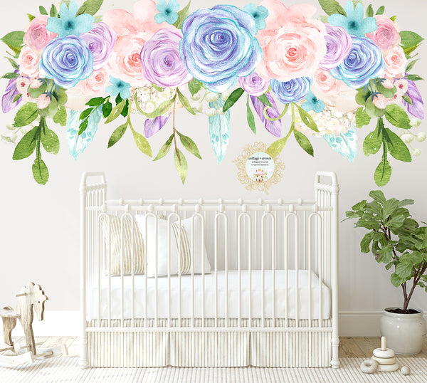 SALE 90" Purple Feather Flower Wall Decal Baby Girl Floral Peony Pink Turquoise Nursery Décor