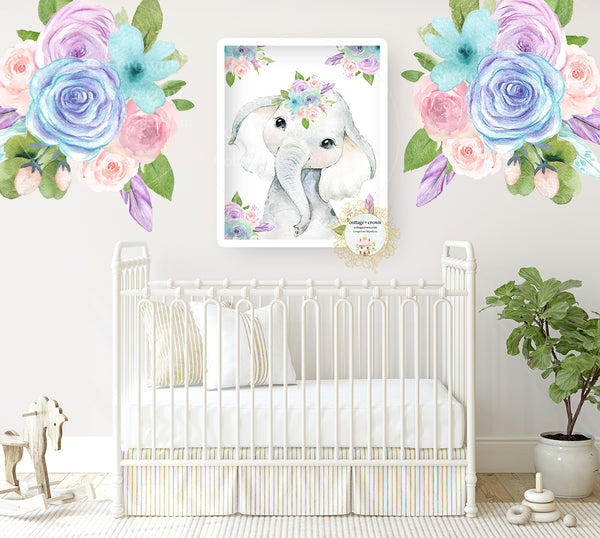 Boho Elephant Feathers Floral Purple Turquoise Zoo Animal Wall Art Print