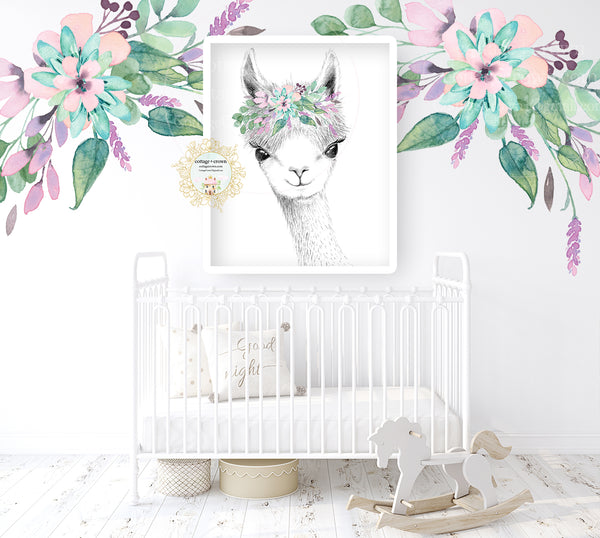 Boho Llama Floral Purple Mint Alpaca Wall Art Print