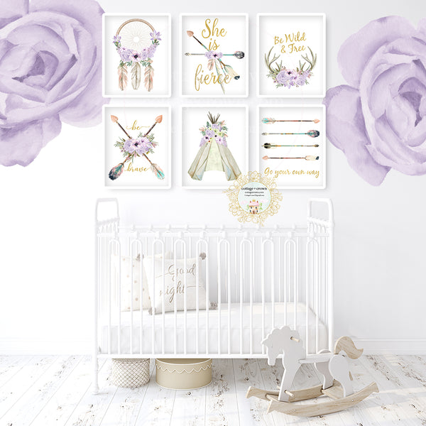 6 Boho Purple Peony Tribal Wall Art Prints - Teepee Dreamcatcher Antlers Arrows