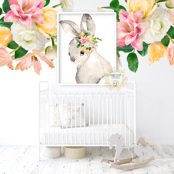Boho Blush Spring Bunny Rabbit Peony Floral Woodland Animal Wall Art Print