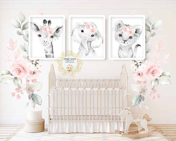 3 Boho Blush Elephant Lion Giraffe Pink Floral Zoo Animal Wall Art Prints