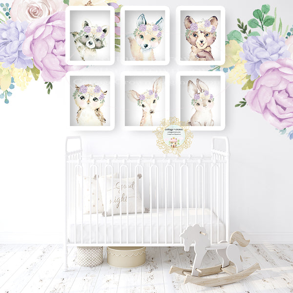 6 Boho Purple Peony Woodland Animal Wall Art Prints - Bear Deer Bunny Owl Raccoon Fox