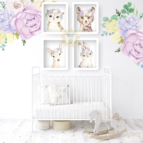 4 Boho Purple Peony Woodland Animal Wall Art Prints - Bear Deer Bunny Owl