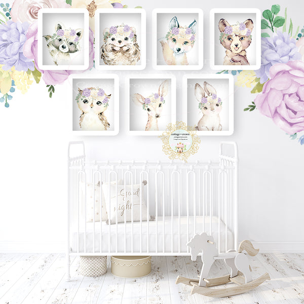 7 Boho Purple Peony Woodland Animal Wall Art Prints - Bear Deer Hedgehog Bunny Owl Raccoon Fox