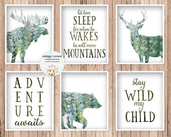 6 Woodland Bear Moose Deer Boy Nursery Boho Animal Wall Art Print Let Him Sleep Stay Wild My Child Adventure Awaits