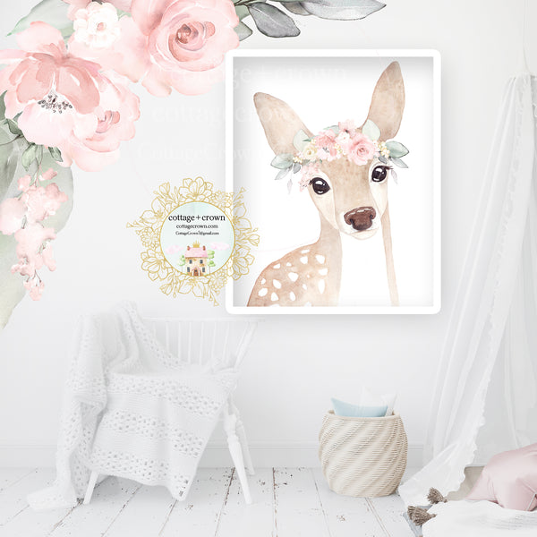 Boho Blush Deer Pink Floral Animal Wall Art Print - Woodland