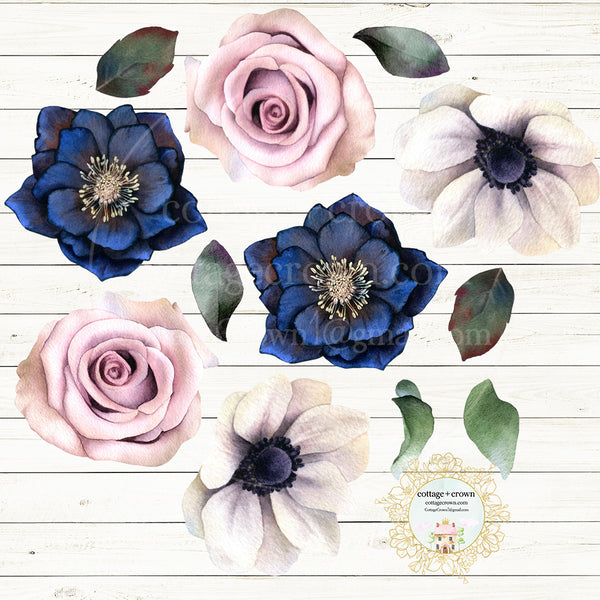 12 Rose Anemone Peony Clematis Flower Wall Decals White Nursery Décor