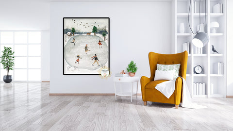 SALE Folk Winter Wonderland Ice Skating Rink Christmas Watercolor Wall Art Print