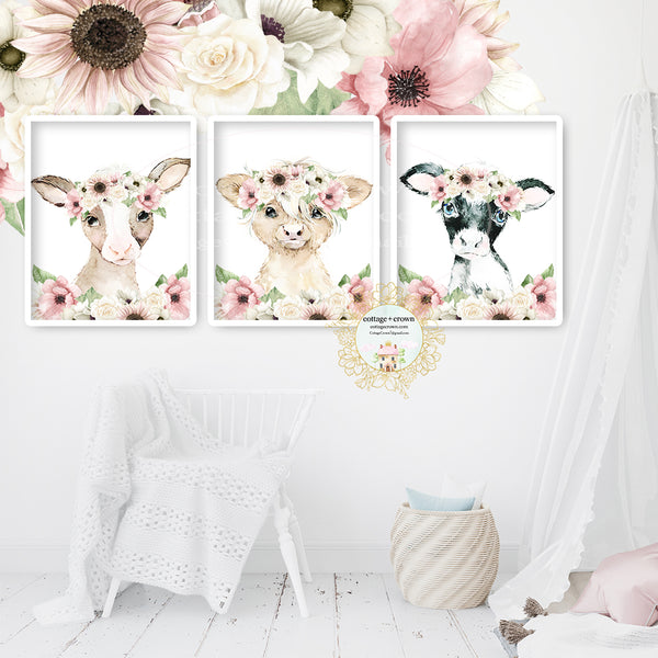 3 Boho Blush Cow Farm Animal Wall Art Prints - Sunflower Anemone Peony Rose