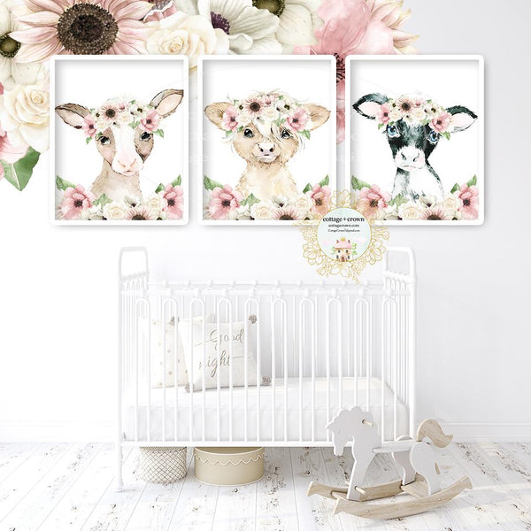 Boho Blush Cow Farm Animal Wall Art Prints - Sunflower Anemone Peony Rose