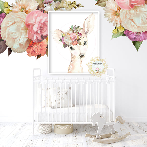 Vintage Boho Blush Deer Peony Floral Woodland Animal Wall Art Print