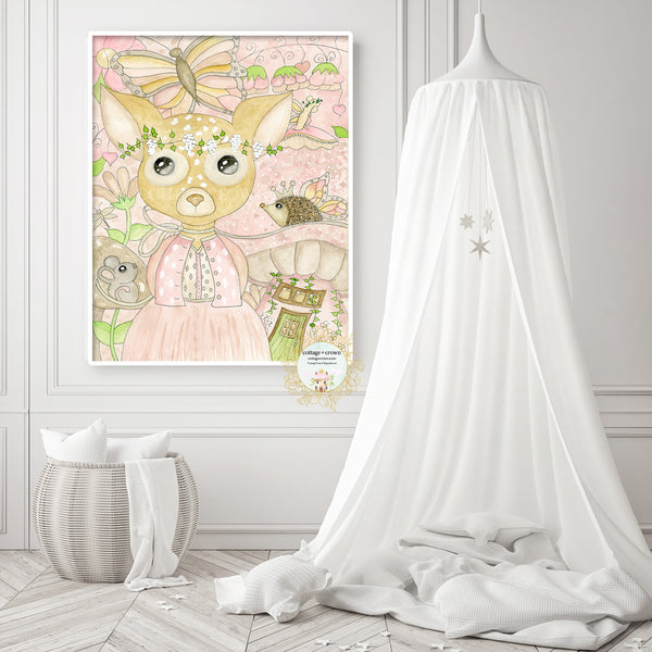Enchanted Garden Deer Floral Woodland Animal Whimsical Wall Art Print