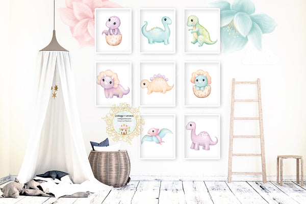 8 Boho Dinosaur Wall Art Prints - Baby Girl's Bedroom Nursery - Bathroom Décor
